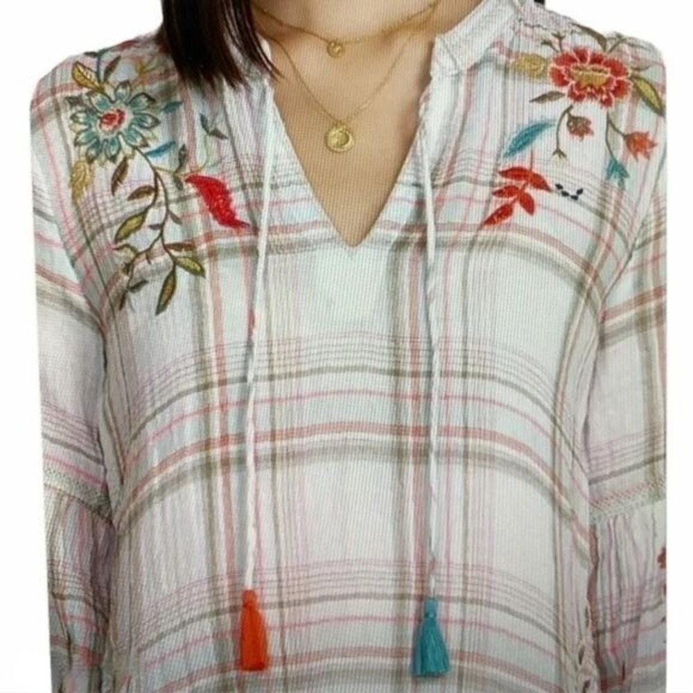 Johnny Was Workshop Embroidered Plaid Eyelet Tassel Blouse White Pink Large - Picture 3 of 16